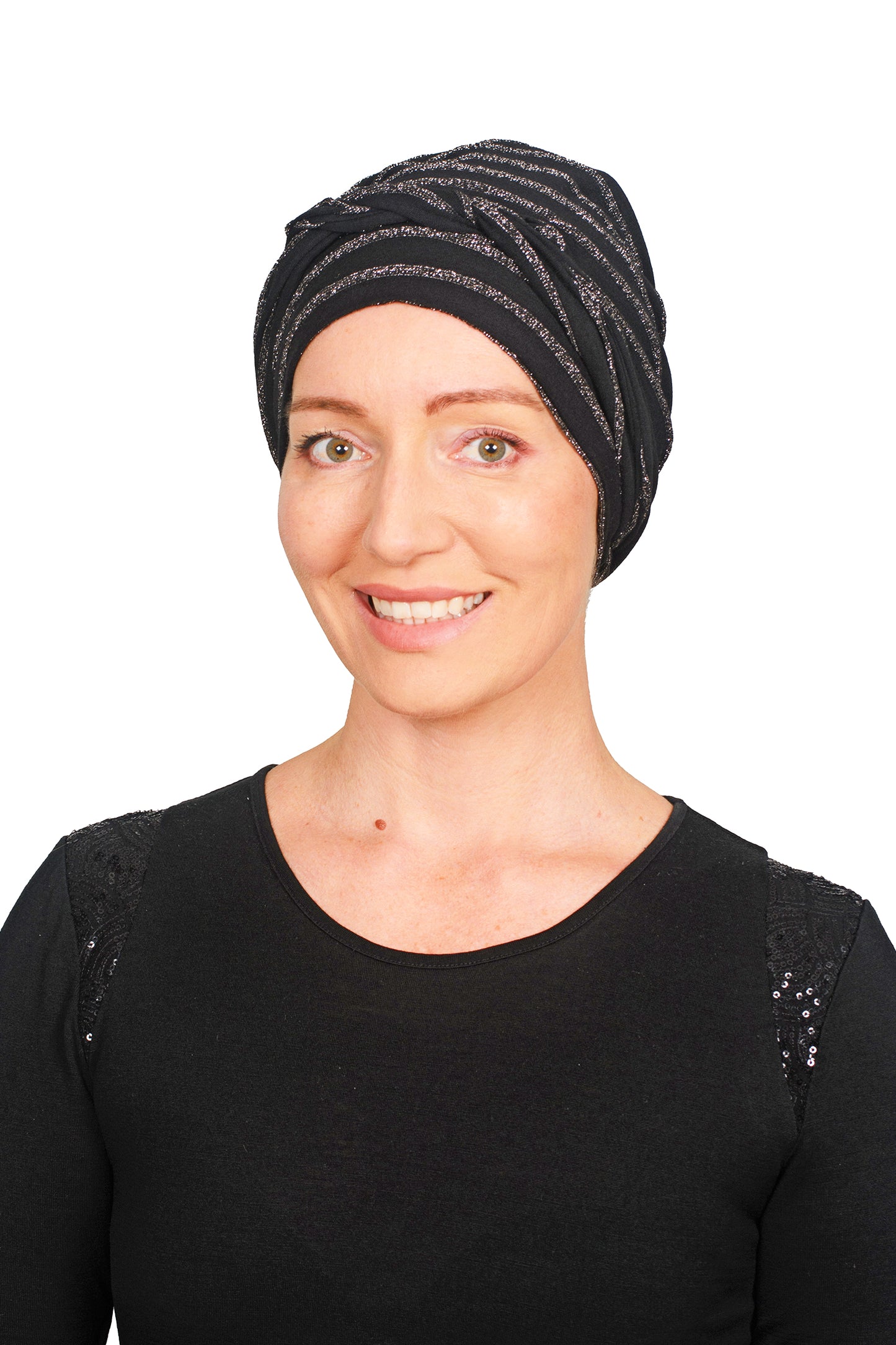 Black Sparkle Cancer Wrap Hat - Black - Kaus Hats1