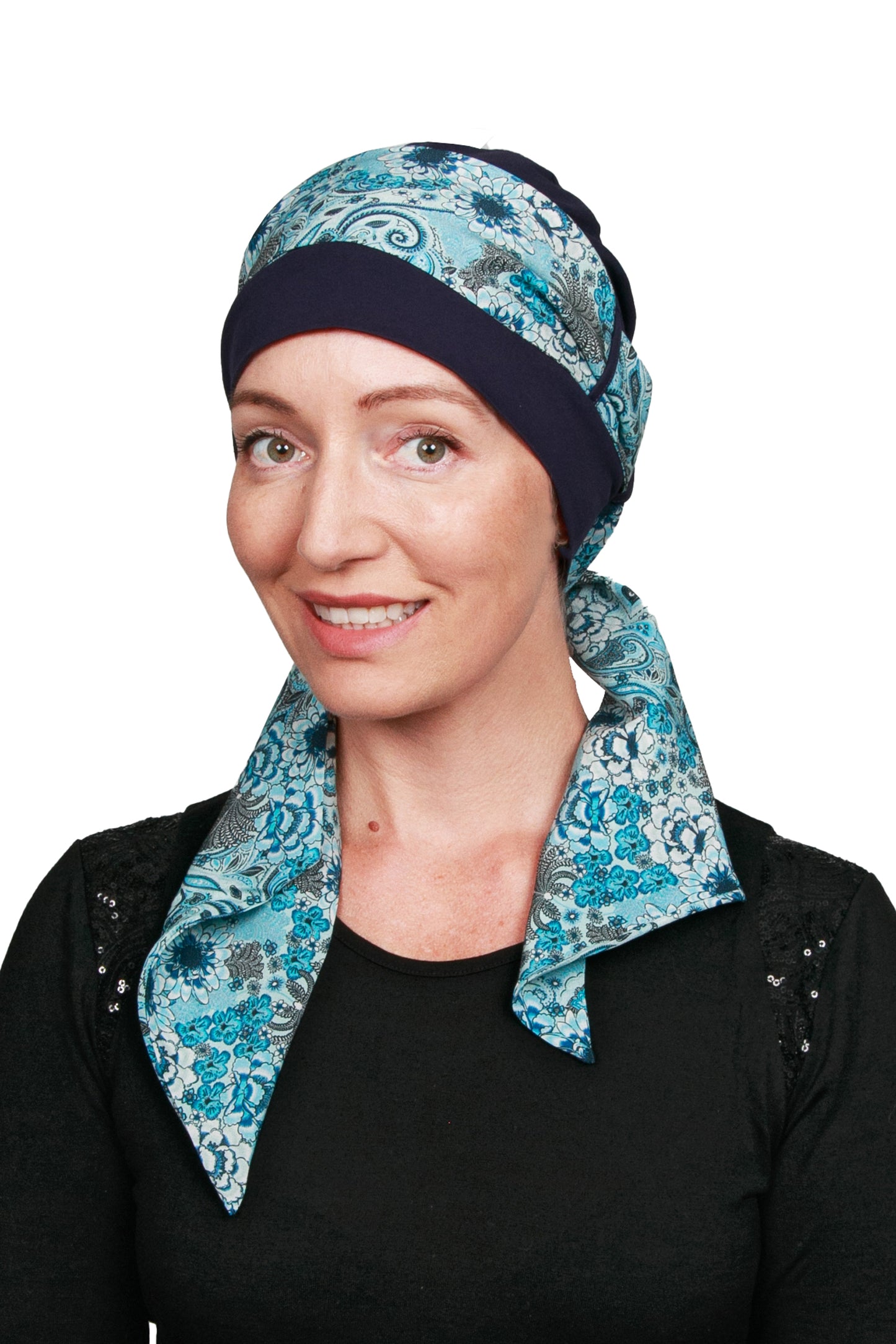 Blue Daisy Cancer Scarf Hat - Ink - Kaus Hats2