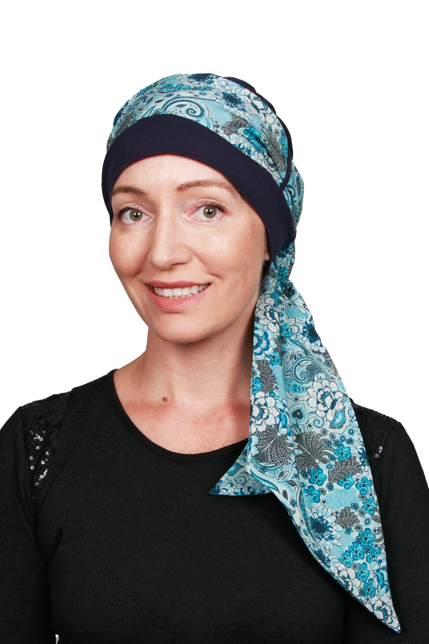 Blue Daisy Cancer Scarf Hat - Ink - Kaus Hats1