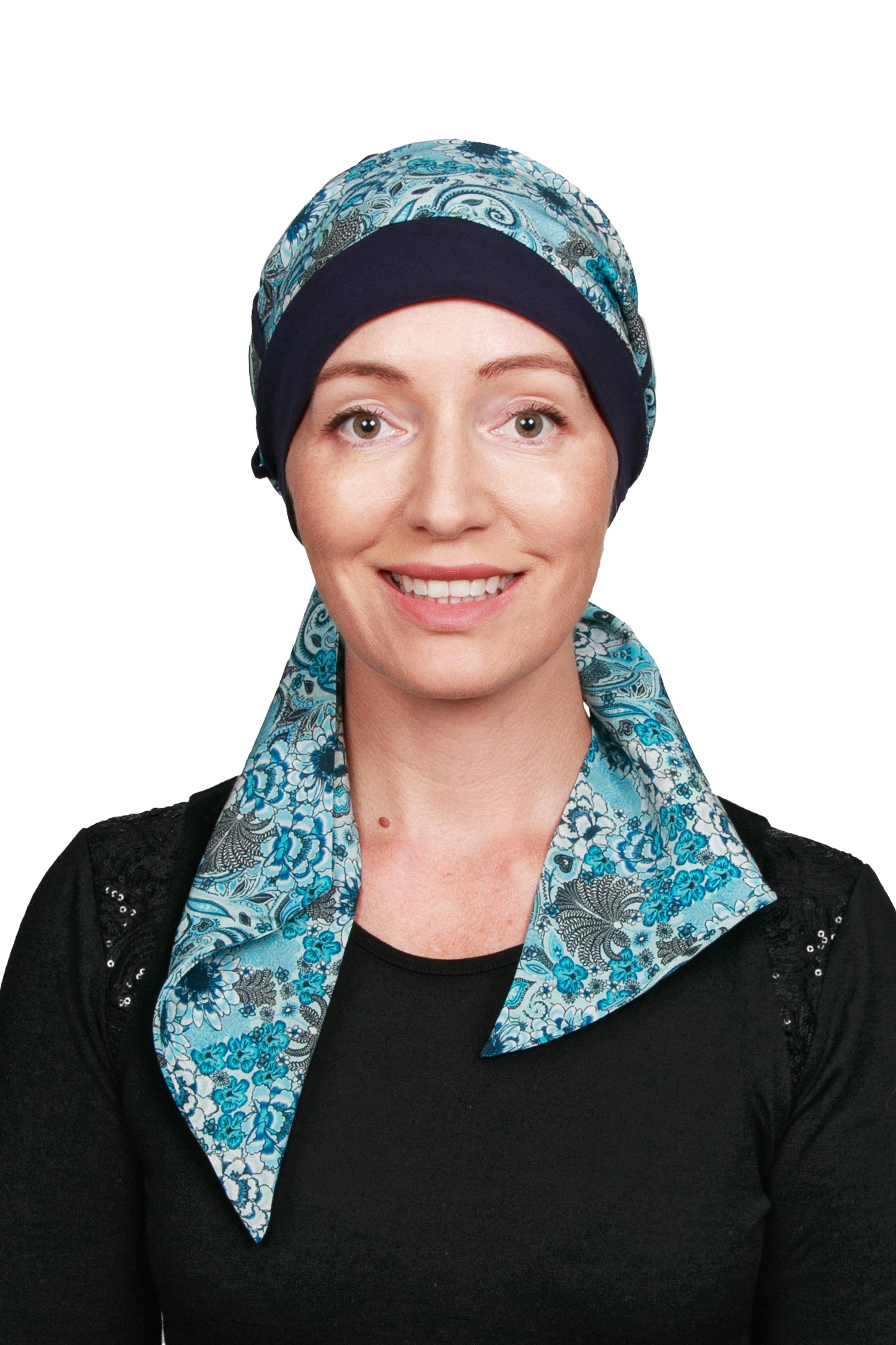 Blue Daisy Cancer Scarf Hat - Ink - Kaus Hats