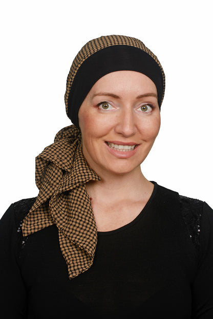 Gingham Scarf Cancer Hat - Brown Black - Kaus Hats2