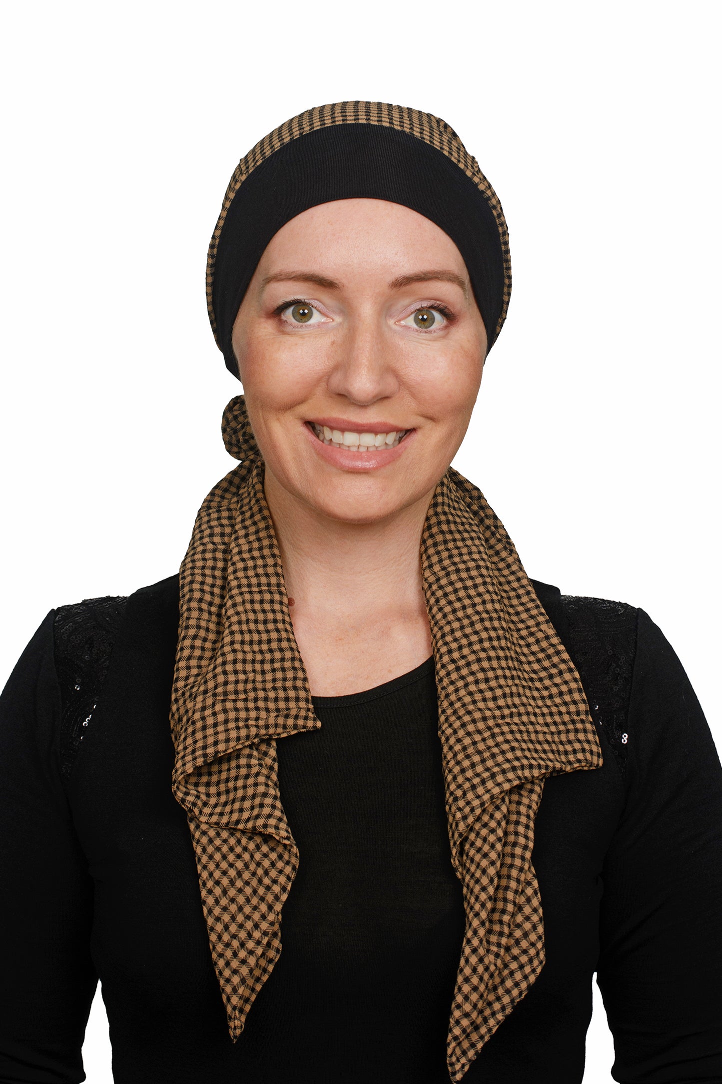 Gingham Scarf Cancer Hat - Brown Black - Kaus Hats