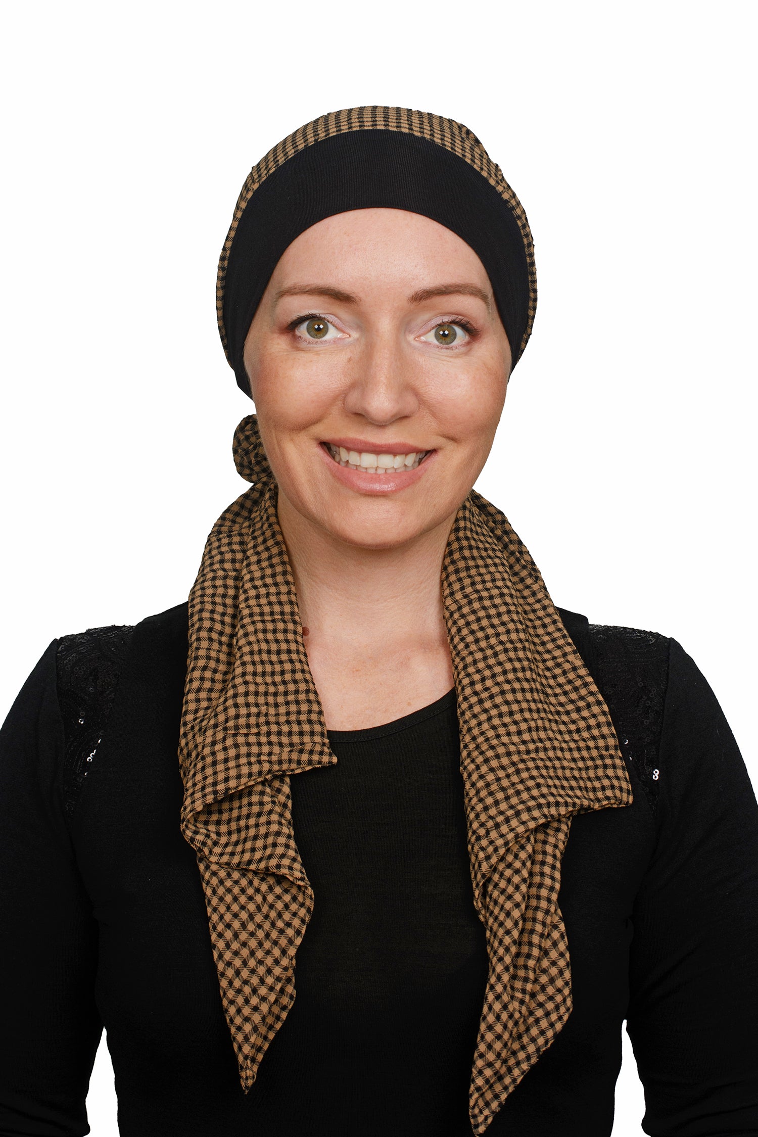 Gingham Scarf Cancer Hat - Brown Black - Kaus Hats