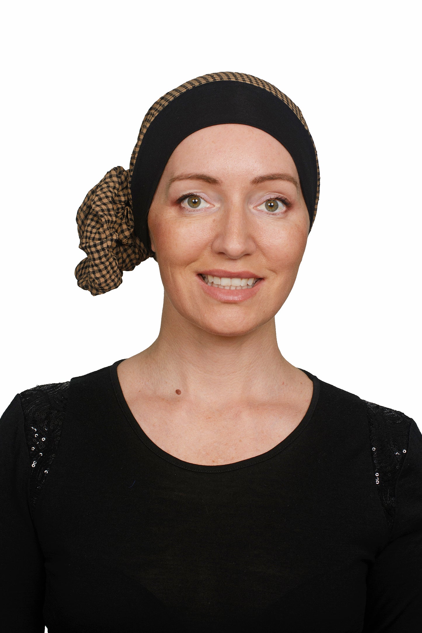 Gingham Scarf Cancer Hat - Brown Black - Kaus Hats 3