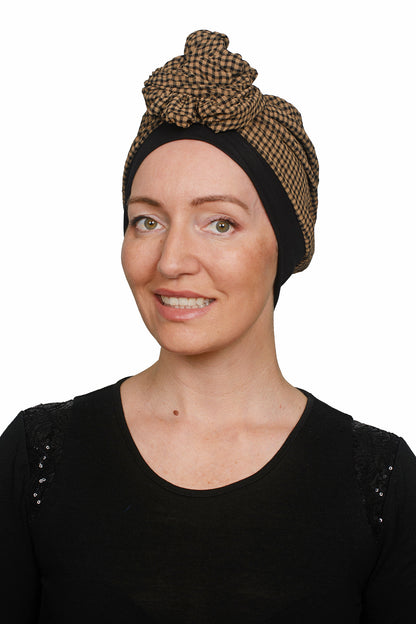 Gingham Scarf Cancer Hat - Brown Black - Kaus Hats1