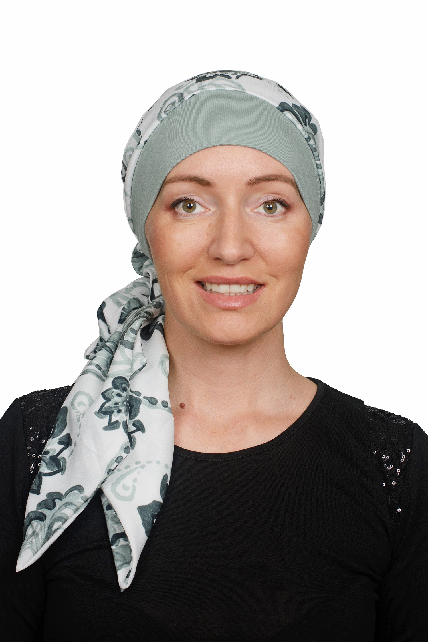 Meadow Cancer Scarf and Scrunchie - Green - Kaus Hats1