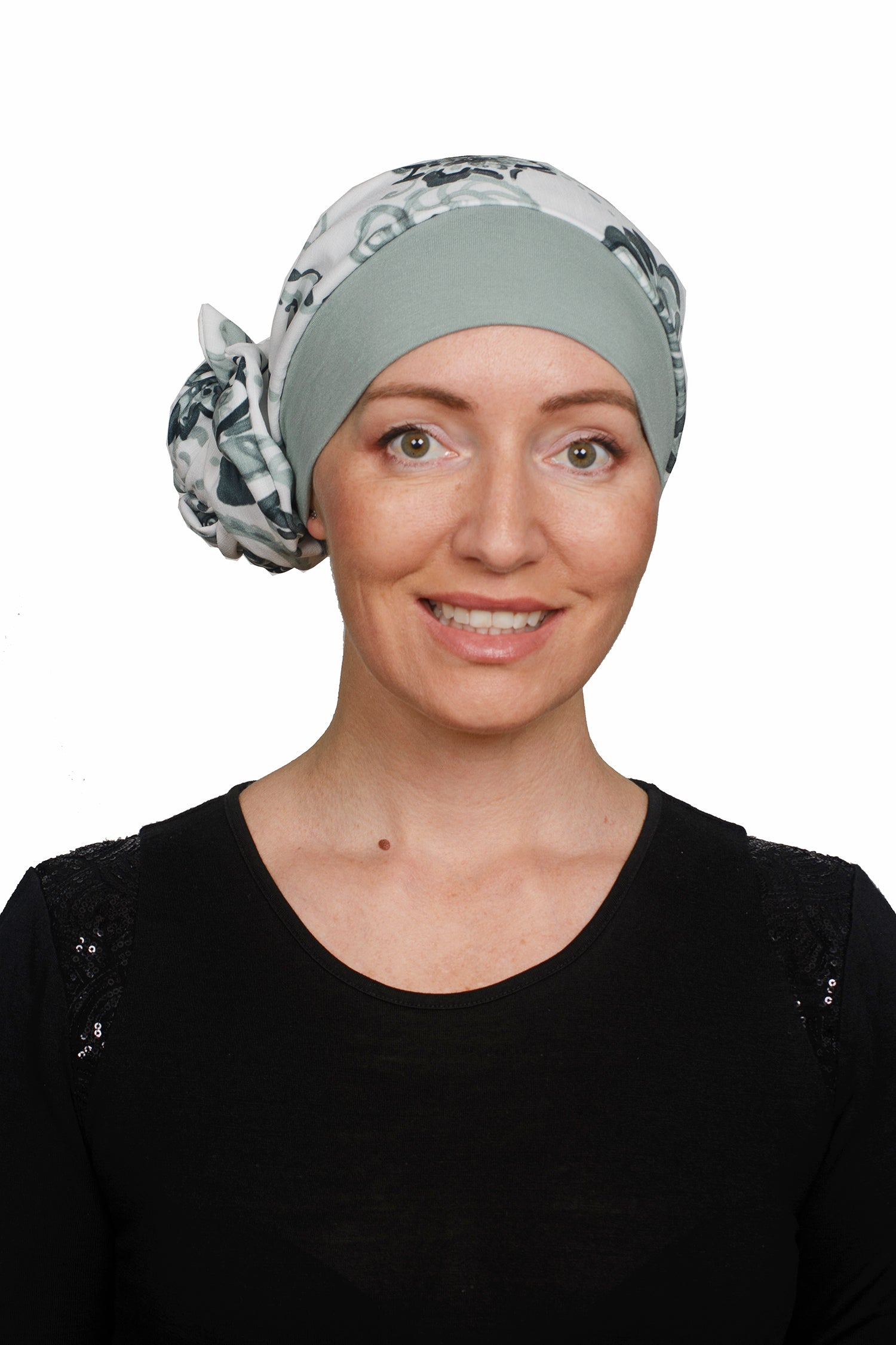 Meadow Cancer Scarf and Scrunchie - Green - Kaus Hats2