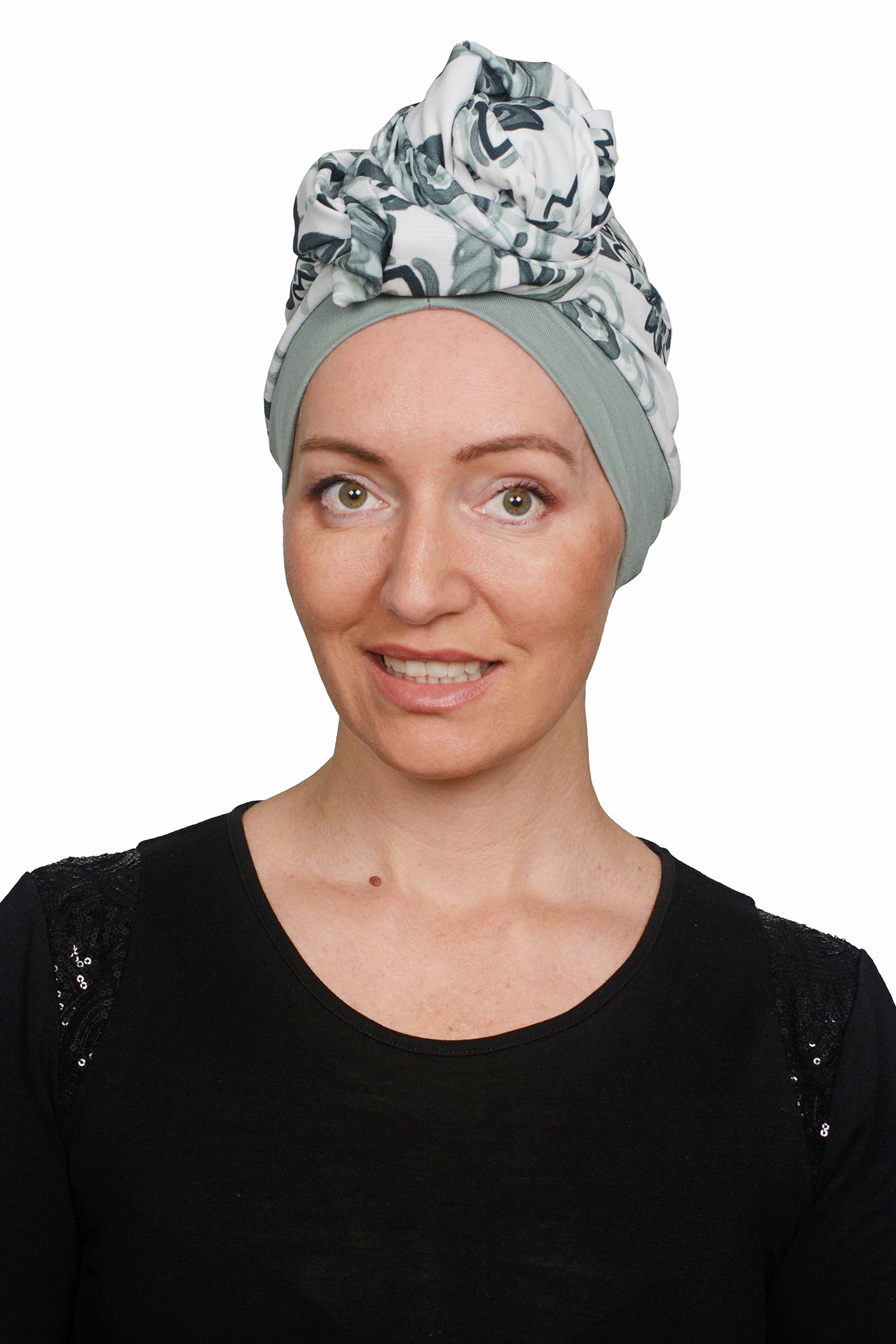 Meadow Cancer Scarf and Scrunchie - Green - Kaus Hats1