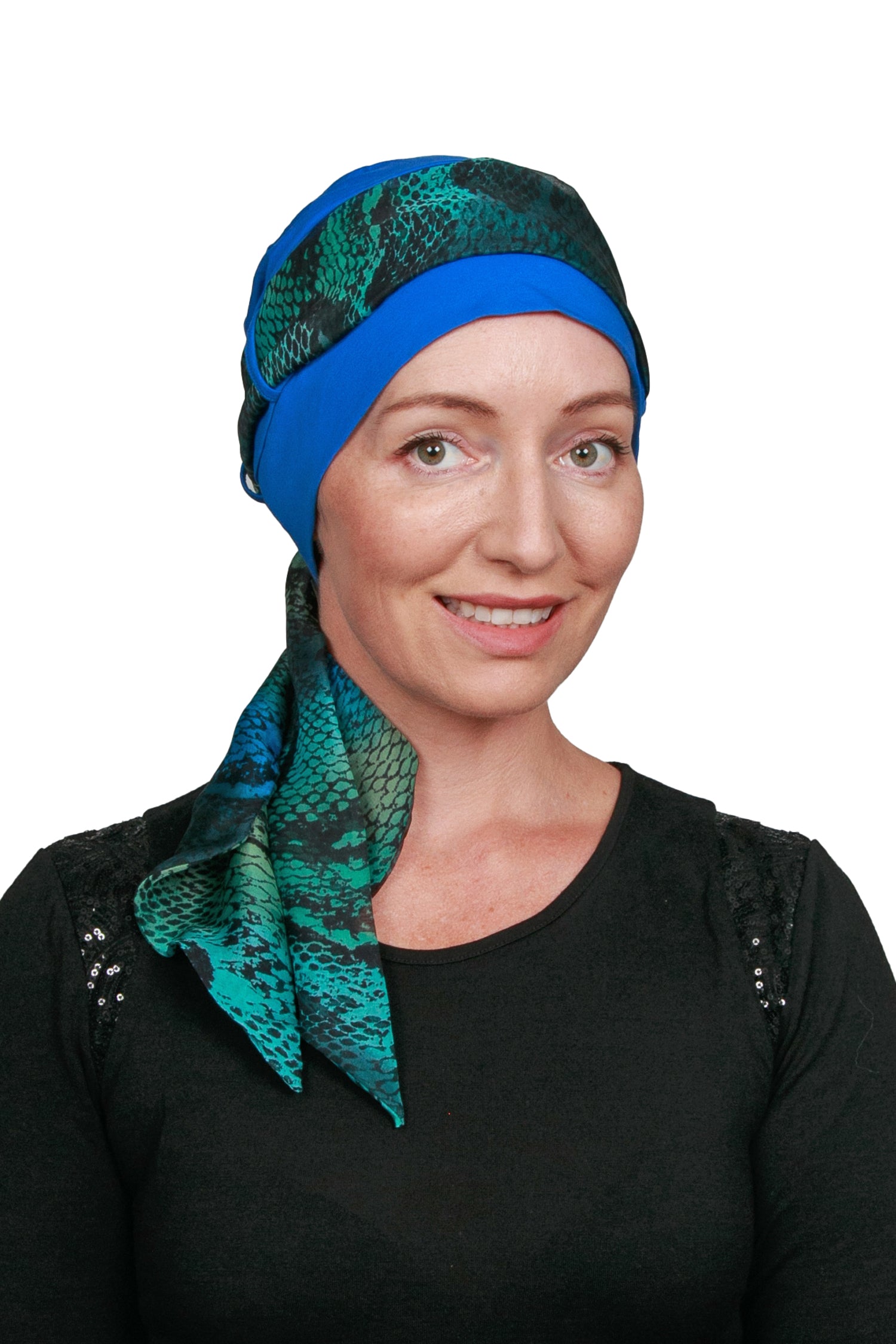 Mirage Cancer Scarf Hat - Blues, Greens - Kaus Hats1