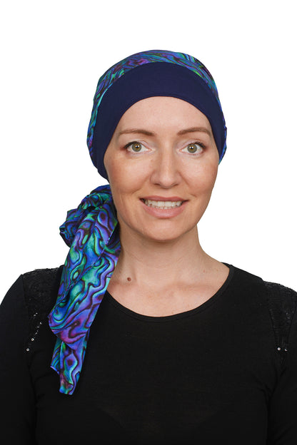 Paua Cancer Attached Scarf and Scrunchie - Blue - Kaus Hats