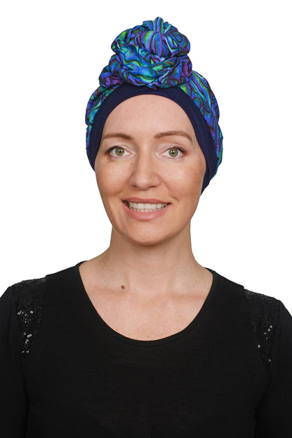 Paua Cancer Attached Scarf and Scrunchie - Blue - Kaus Hats1