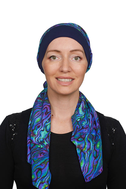 Paua Cancer Attached Scarf and Scrunchie - Blue - Kaus Hats2
