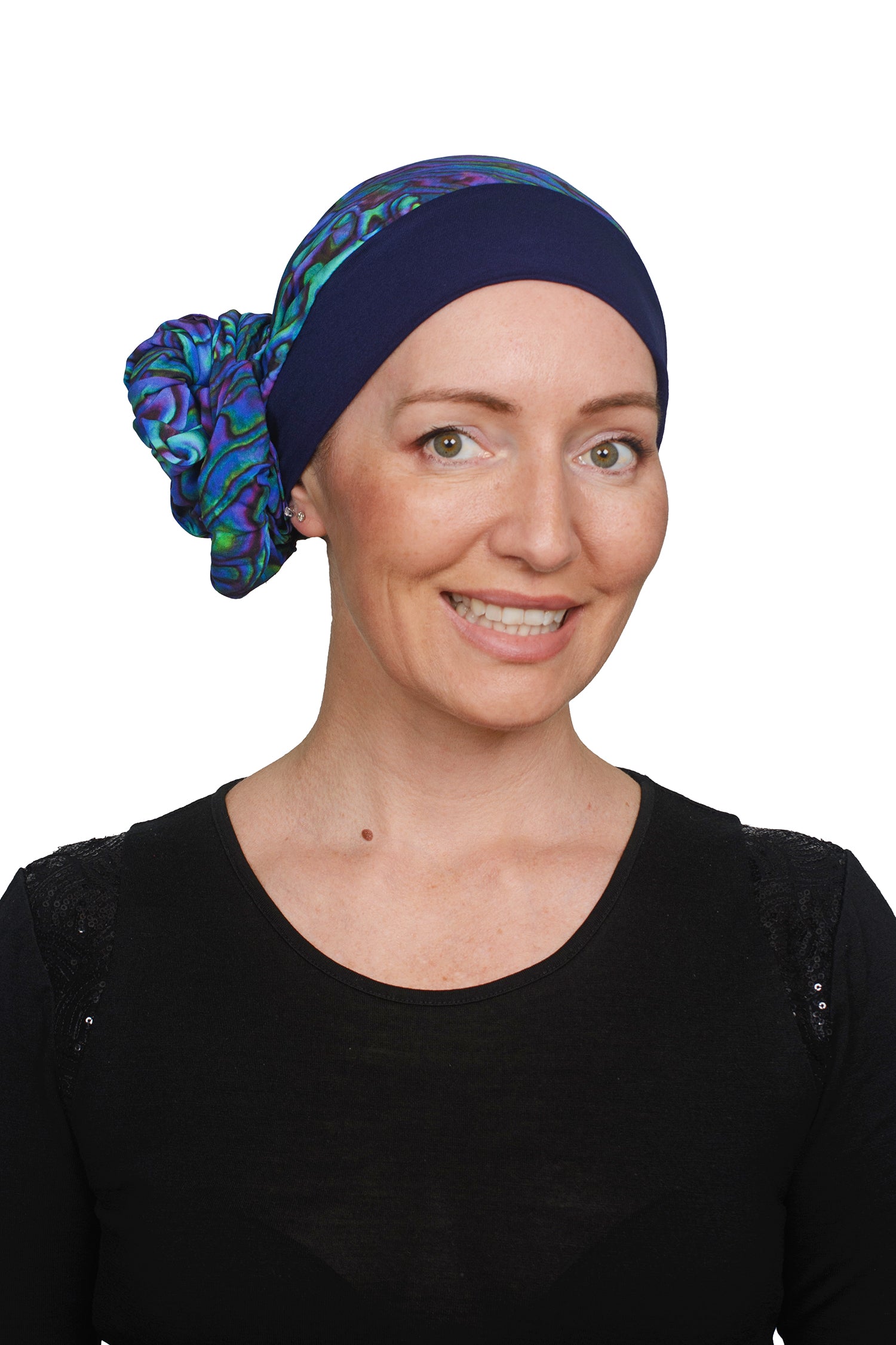 Paua Cancer Attached Scarf and Scrunchie - Blue - Kaus Hats3