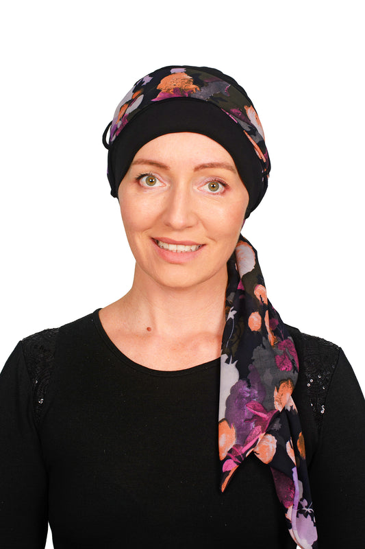 Serenity Floral Cancer Hat - Black - Kaus Hats