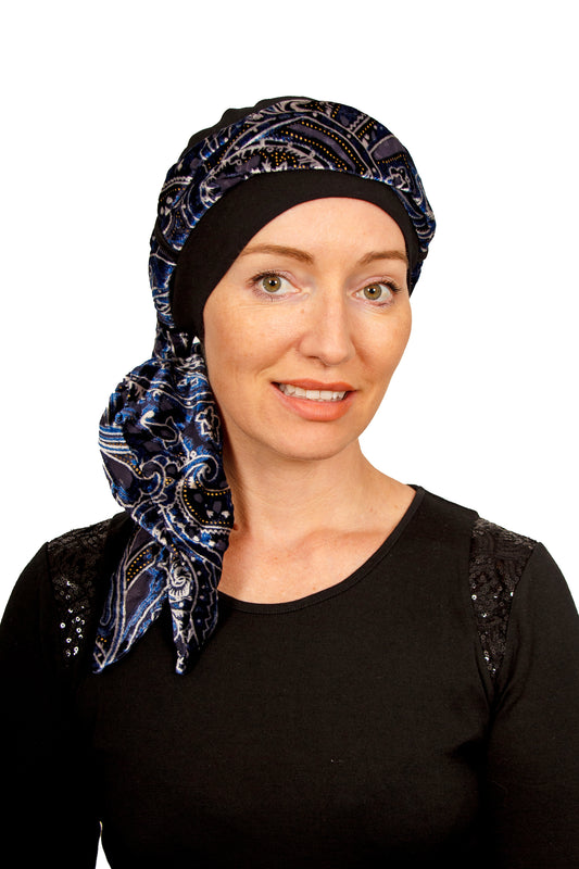 Droplet Cancer Scarf Hat - Ink Paisley - Kaus Hats