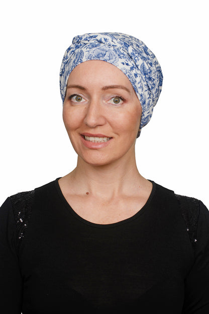 Vintage Blue Cancer Wrap n Twist Hat - Blue White - Kaus Hats1