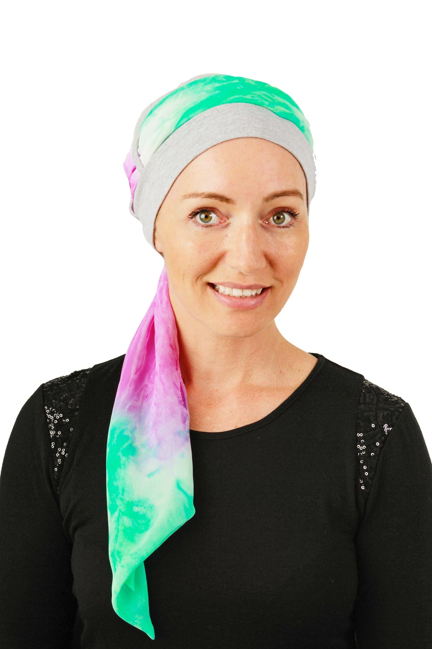 Spearmint Scarf Cancer Hat - Tie dye Green Purple Grey 1 - Kaus Hats