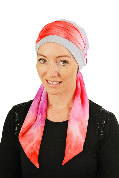 Sunset Scarf Cancer Hat - Tie Dye Pink Orange Grey - Kaus Hats