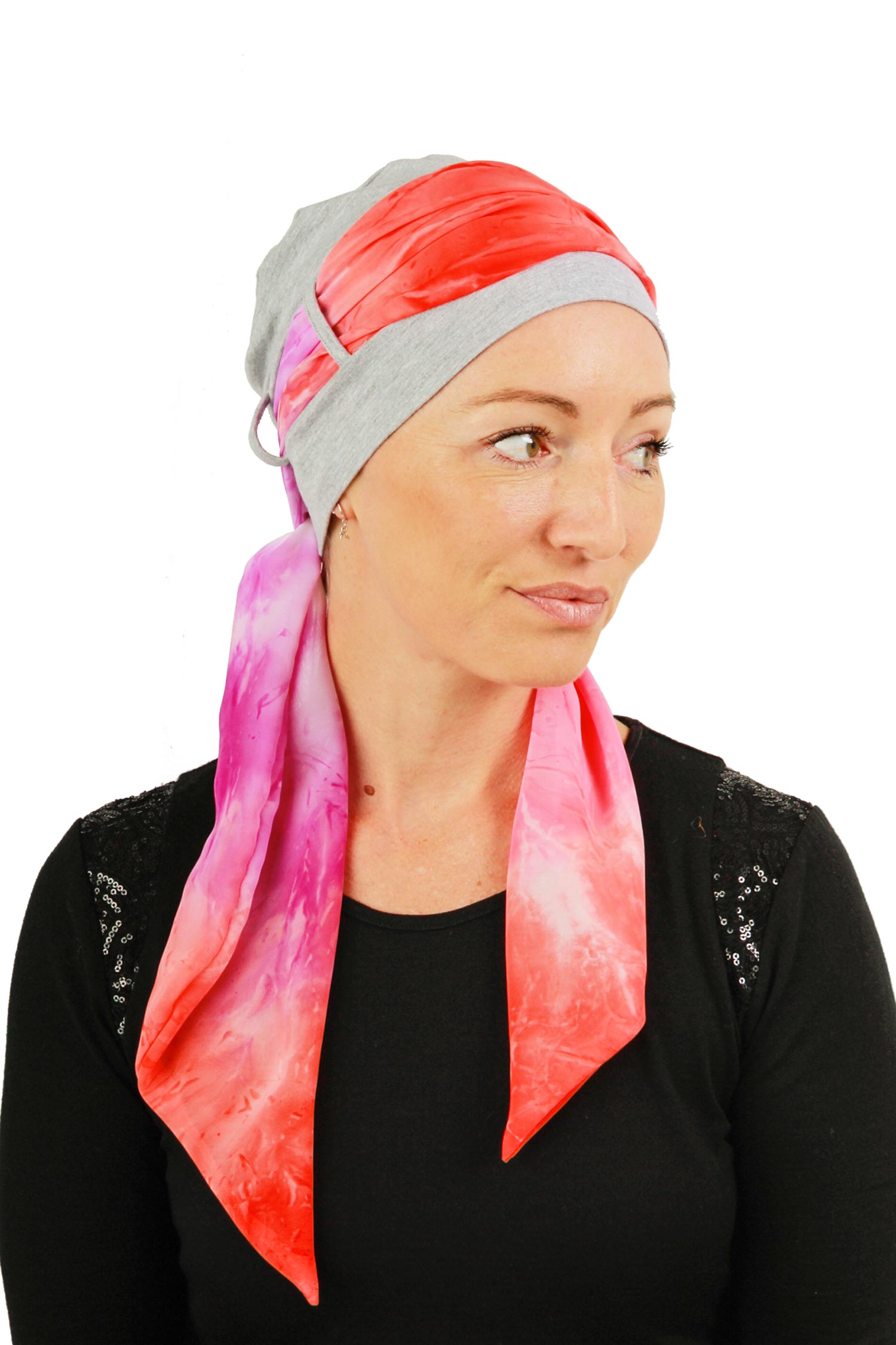 Sunset Scarf Cancer Hat - Tie Dye Pink Orange Grey 1 - Kaus Hats