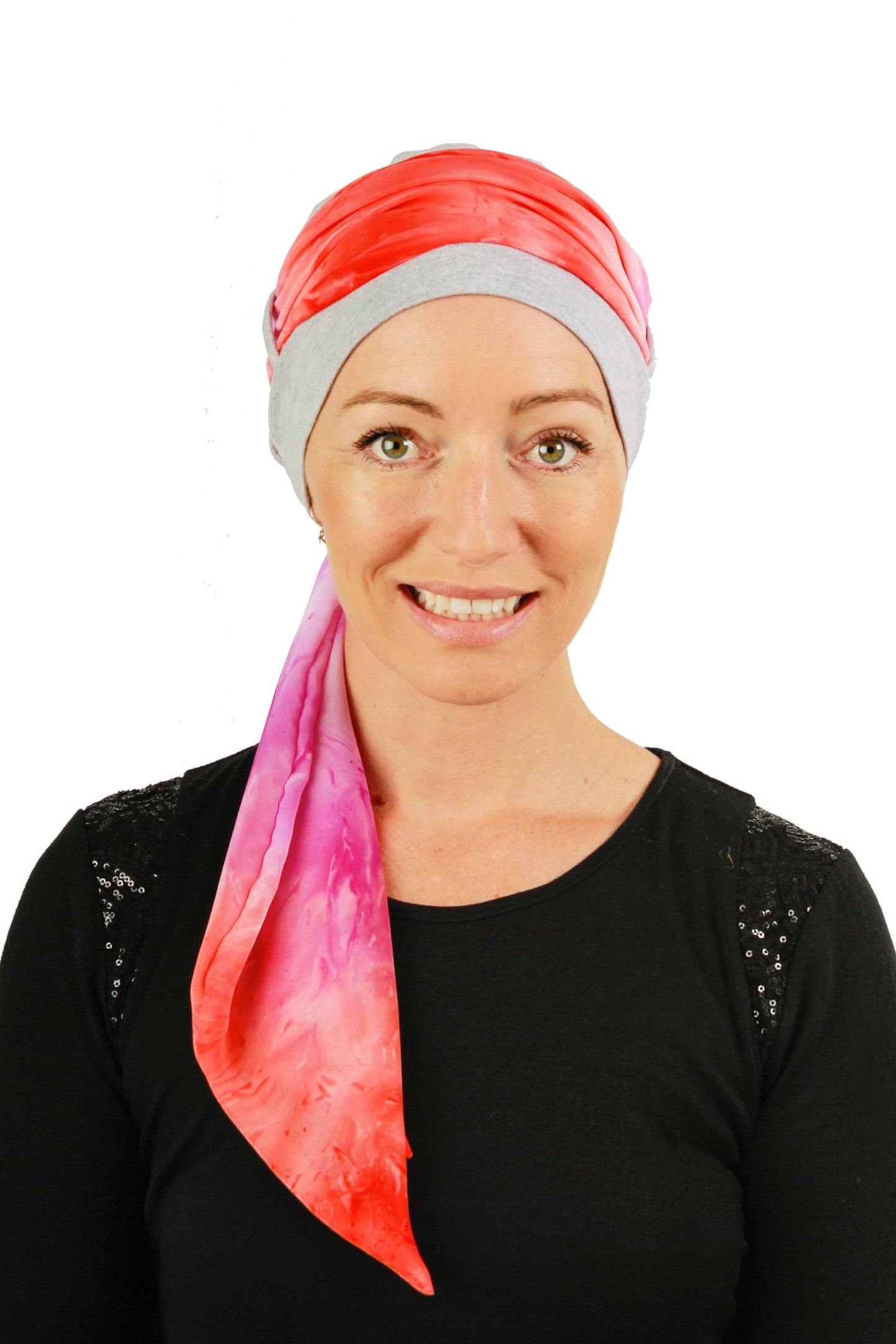 Sunset Scarf Cancer Hat - Tie Dye Pink Orange Grey 2 - Kaus Hats