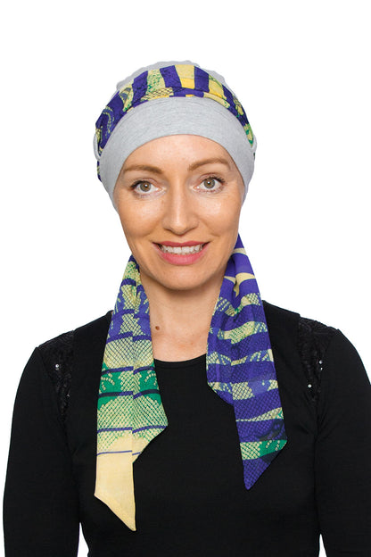 Sahara Cancer Scarf Hat - Floral Grey Purple - Kaus Hats