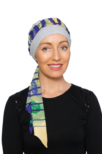 Sahara Cancer Scarf Hat - Floral Grey Purple 1 - Kaus Hats